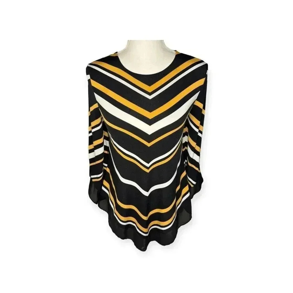 ALFANI Petite Small Black, White, &‎ Yellow Striped Pointed-Hem Top